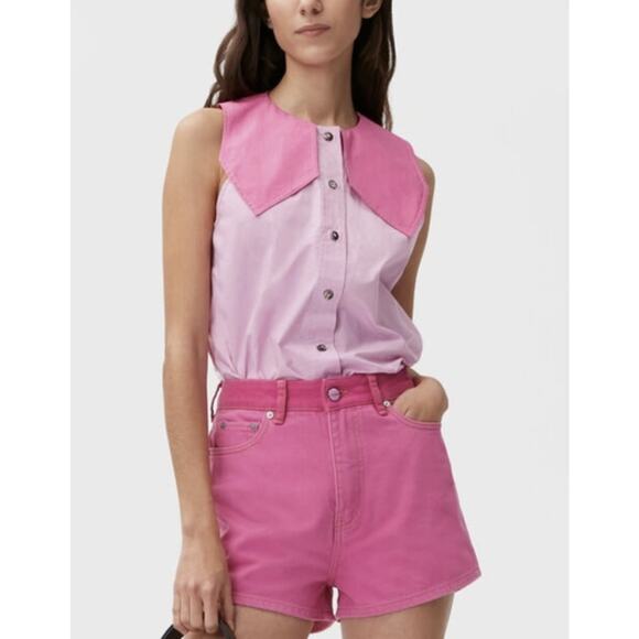 GANNI Organic Cotton Poplin Top Womens Small Pink Sleeveless Button Up Shirt NEW - Picture 1 of 14